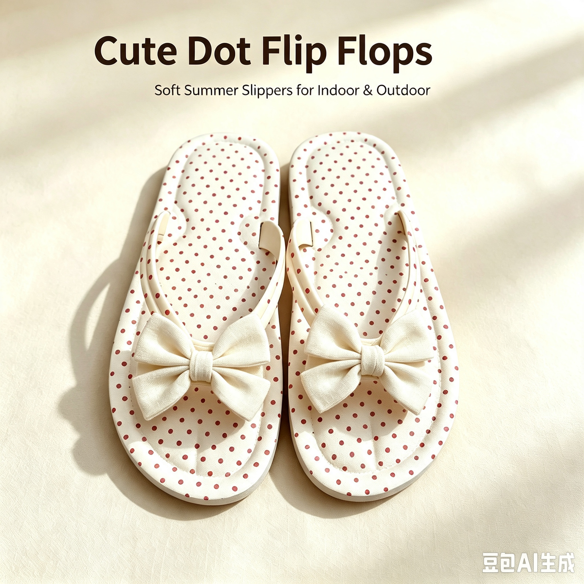 Cute Polka Dot Flip Flops with Fabric Bow, Soft Non-Slip Summer Slides for Indoor Beach Daily Wear