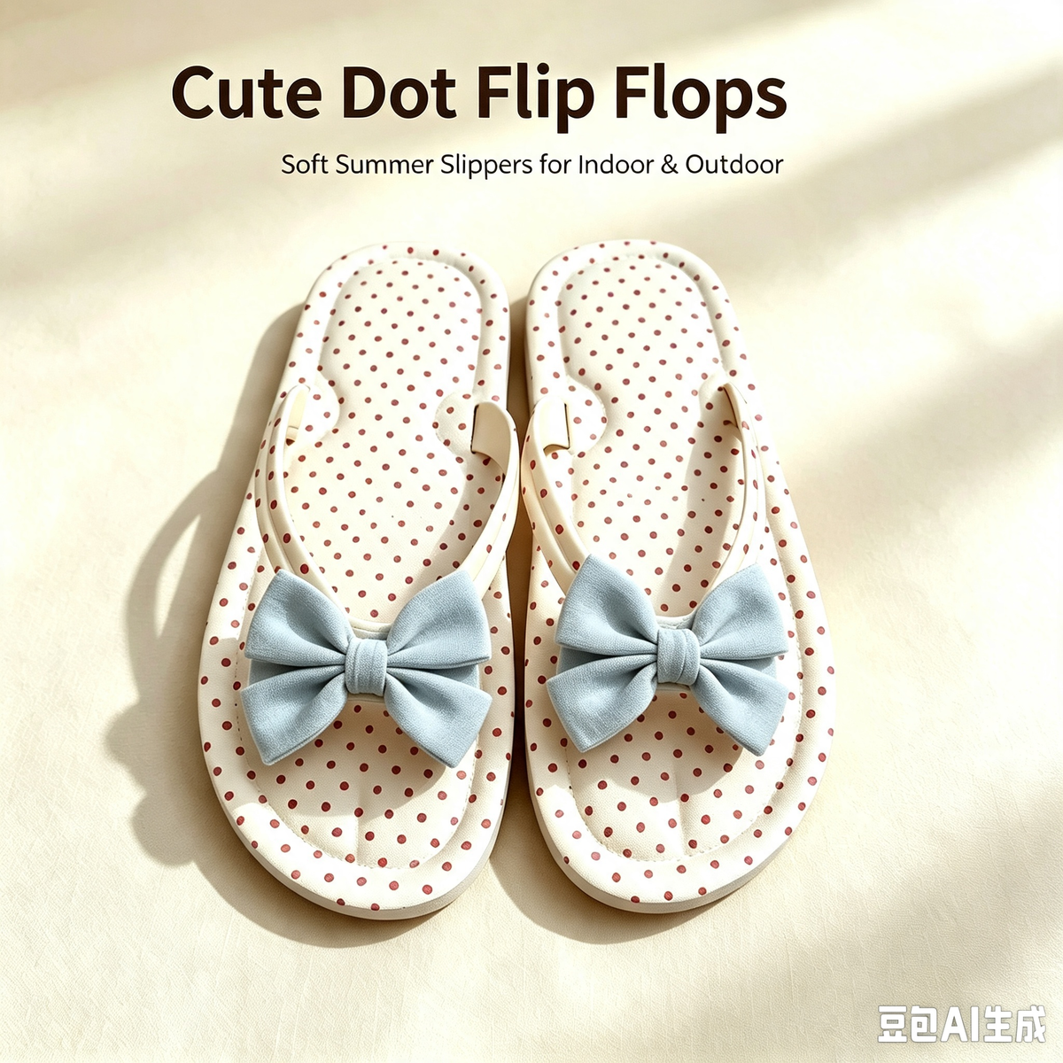 Cute Polka Dot Flip Flops with Fabric Bow, Soft Non-Slip Summer Slides for Indoor Beach Daily Wear