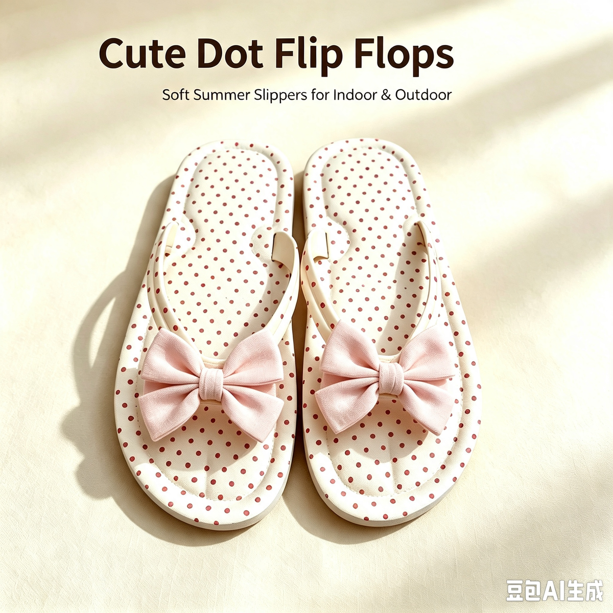 Cute Polka Dot Flip Flops with Fabric Bow, Soft Non-Slip Summer Slides for Indoor Beach Daily Wear