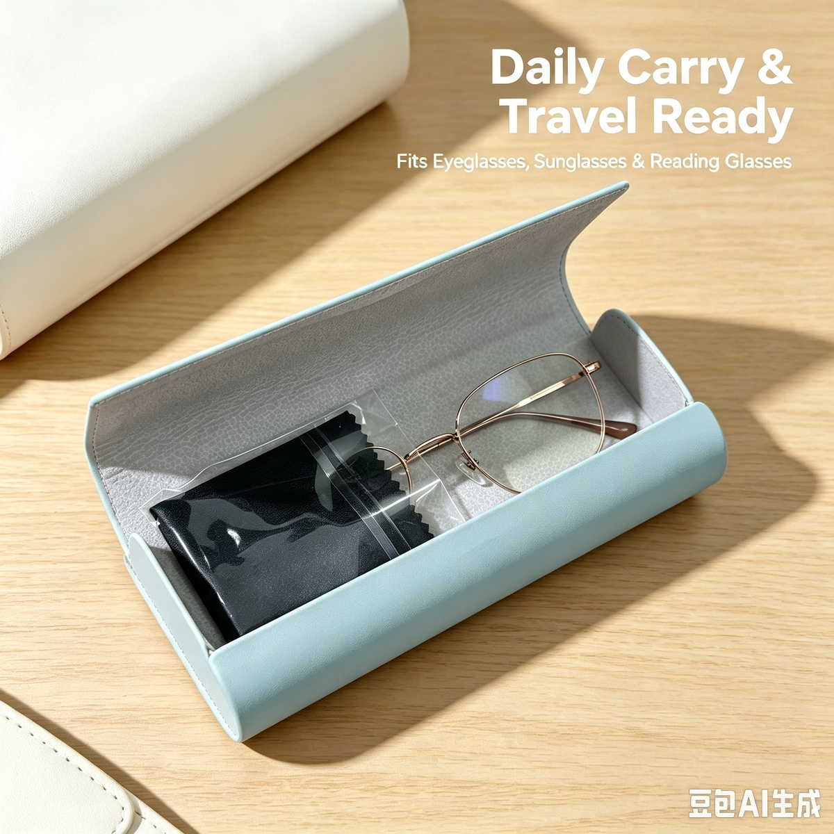 PU Leather Eyeglasses Case, Hard Shell Protective Glasses Box with Cleaning Cloth for Daily & Travel Use