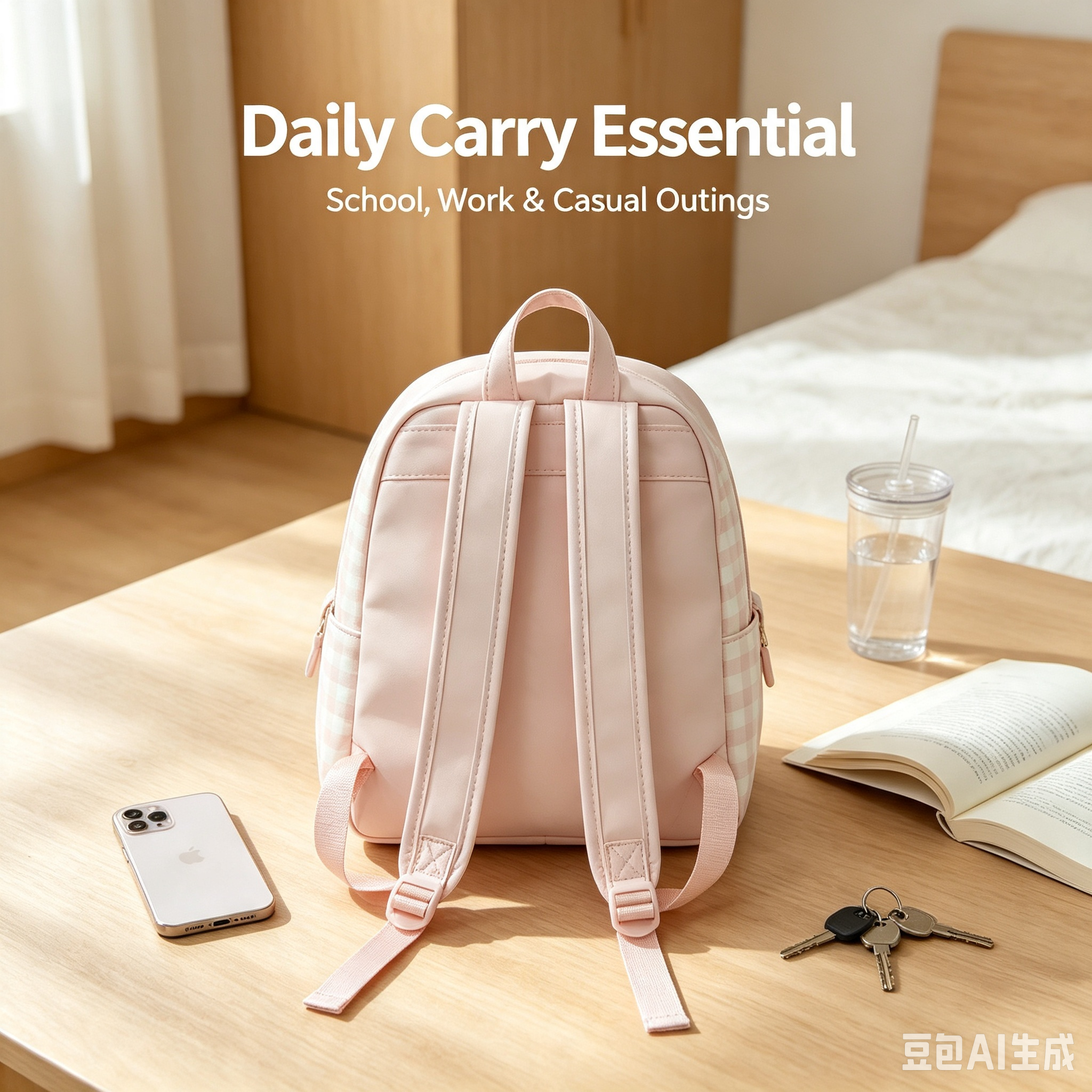 Pink Plaid Mini Backpack, Cute Lightweight Daypack with Adjustable Shoulder Straps for School, Work and Daily Outings