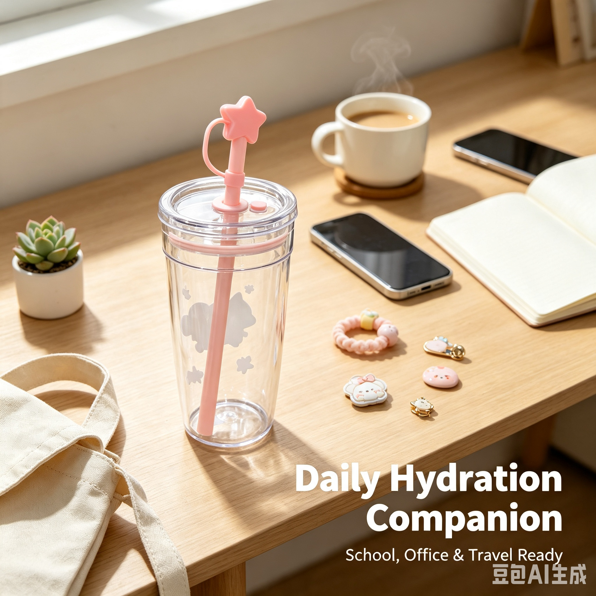 Clear Straw Tumbler, Portable Transparent Water Cup with Pink Star Straw Topper for School, Office and Travel