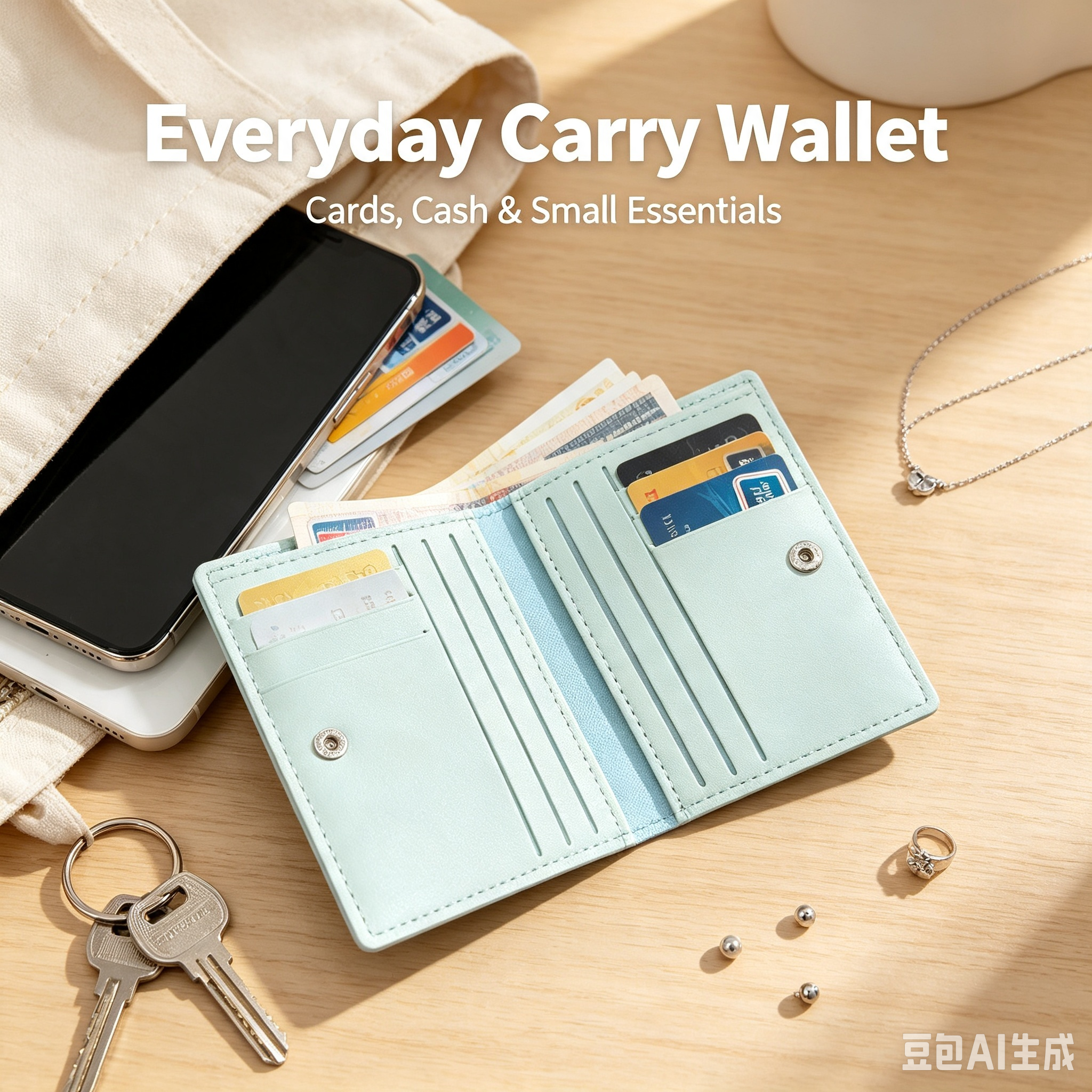 Light Green Snap Button Wallet, Compact PU Leather Bifold Card Holder with Multiple Card Slots for Daily Use
