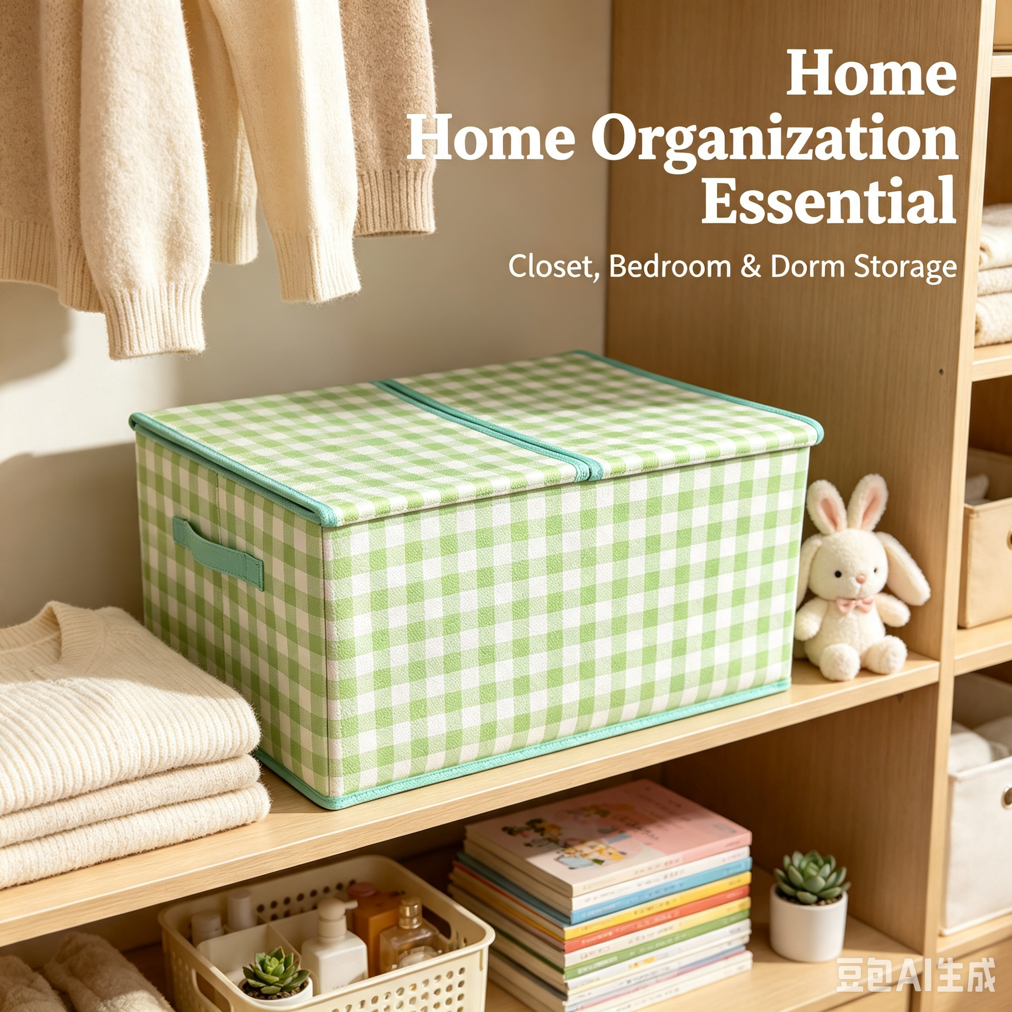 Green Gingham Storage Box with Lid, Foldable Waterproof PU Leather Organizer Bin for Closet, Bedroom, Dorm and Home Sundries