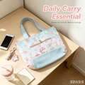 Cartoon Floral Shoulder Bag, Cute Light Blue Tote Bag with Front Zipper Pocket for School, Work and Daily Outings
