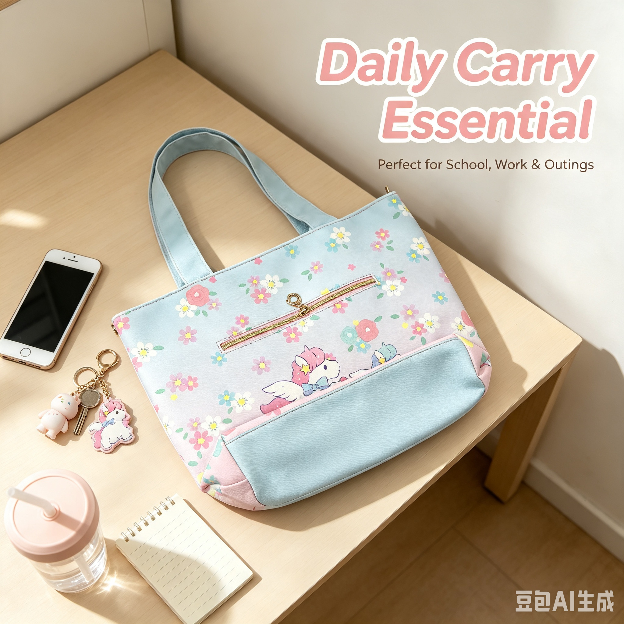 Cartoon Floral Shoulder Bag, Cute Light Blue Tote Bag with Front Zipper Pocket for School, Work and Daily Outings