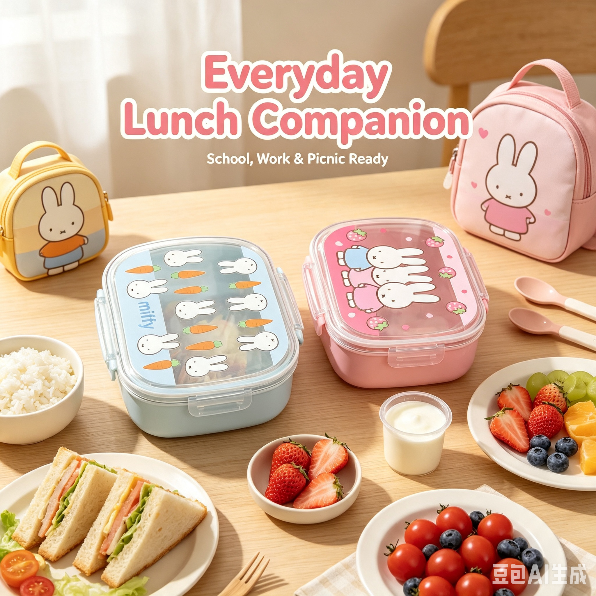 Cartoon Bento Lunch Box, Reusable Food Container with Cute Rabbit Print, Secure Locking Clips for School, Work and Picnic