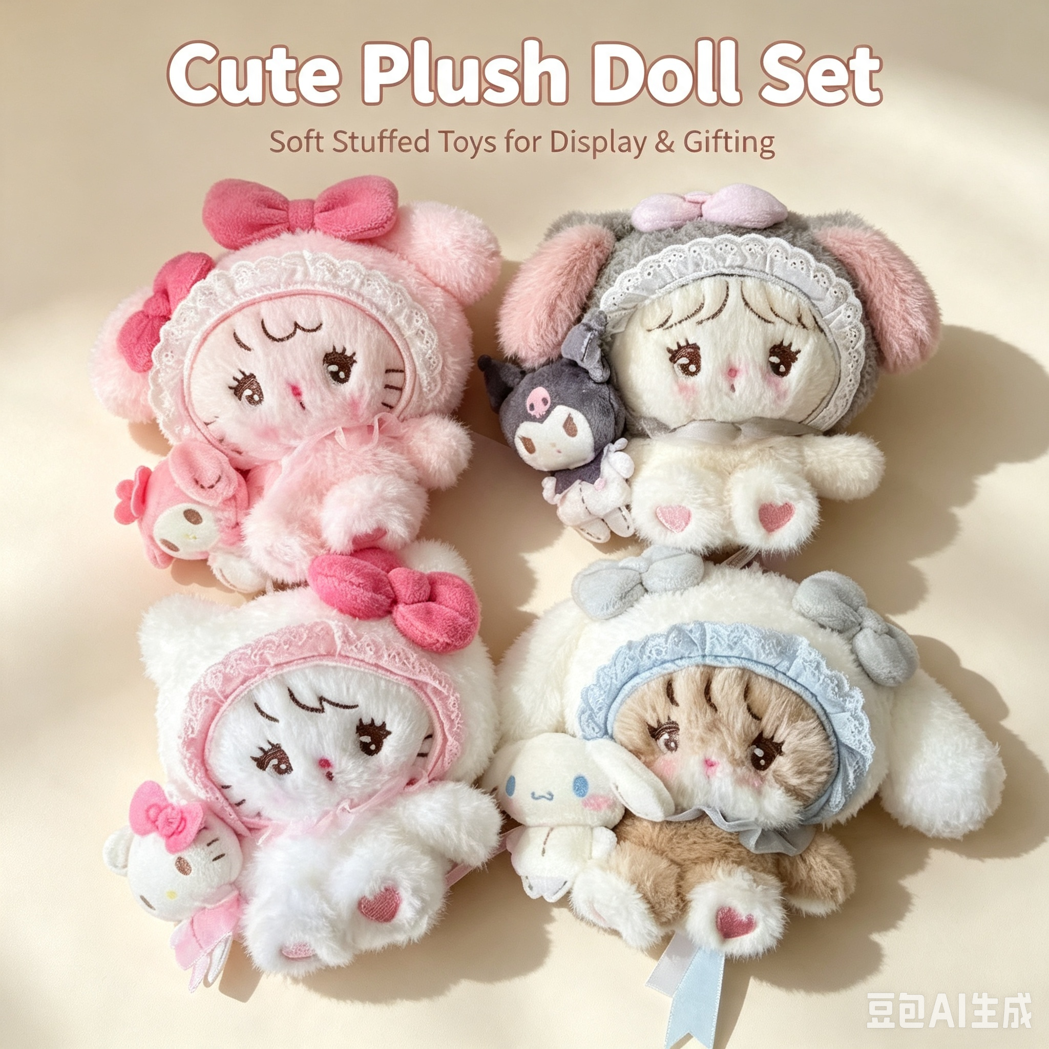 Cute Plush Doll Set, Soft Stuffed Animal Toys with Lace Hoods, Bows and Hanging Tags for Display, Gifting and Room Decor